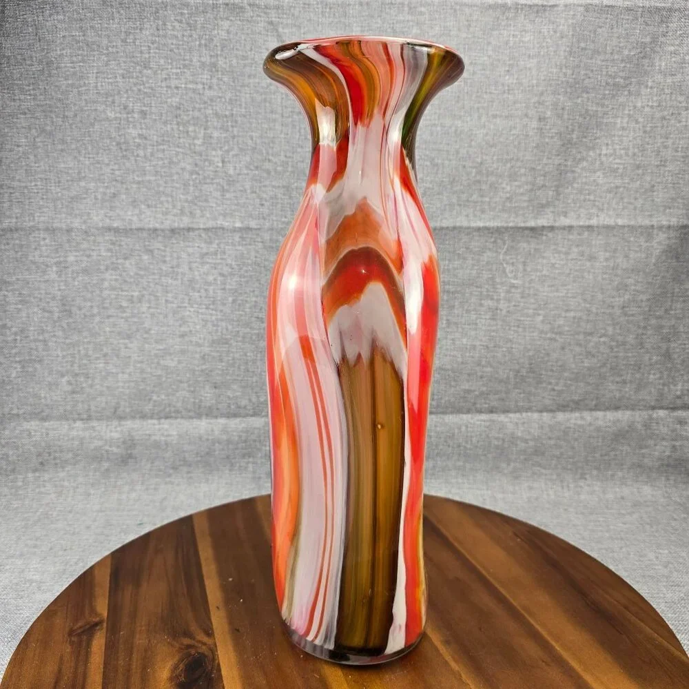 Vintage Red Swirl Hand Blown Art Glass Vase Flared Rim Multi-Color 17 inch